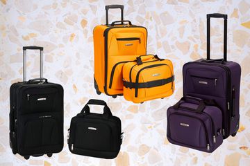 The Rockland 2-piece Softside Carry-on Luggage Set in three different colors over a patterned background