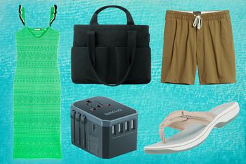 composite of the Ultimate Greece Packing List showing scotch and soda Bright Parakeet Bright Parakeet Bright Parakeet Bright Parakeet Bright Parakeet Bright Parakeet Knitted pointelle V-neck midi dress, banana republic 7" EASY SHORT, dagne dover VIDA COTTON TOTE BAG, Clarks Women's Breeze Sea and EPICKA Universal Travel Adapter on a water background