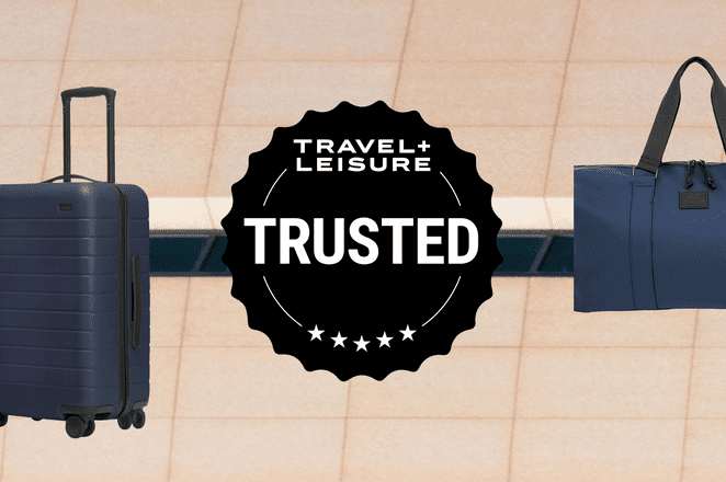 T+L Trusted badge with suitcase and bag on tile background
